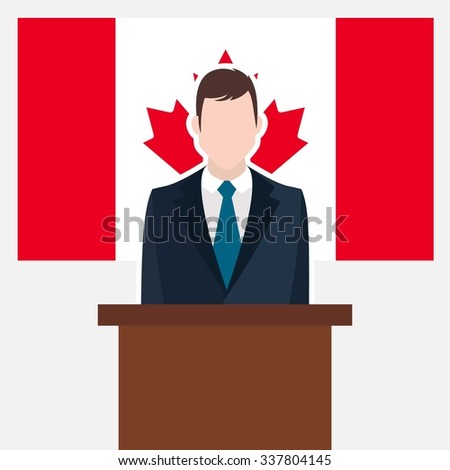 Man in suit standing at rostrum Front of Canada Country Flag. business man Presentation conference concept. Modern flat design vector illustration. Country Flag background