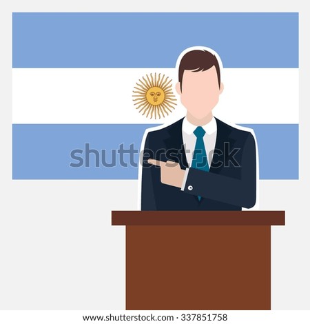 Man in suit standing at rostrum Front of Argentina Country Flag Pointing to the flag. business man Presentation conference concept. Modern flat design vector background illustration.
