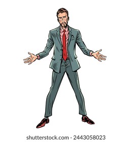 A man in a suit stands with his arms outstretched. A great deal from a reputable source. Shop for men's serious and elegant suits. Pop Art Retro Vector Illustration Kitsch Vintage 50s 60s Style. On a