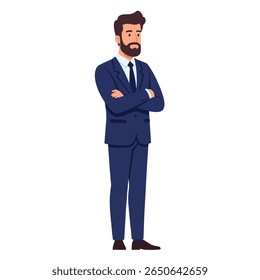 A man in a suit stands with his arms crossed, looking confident and professional.