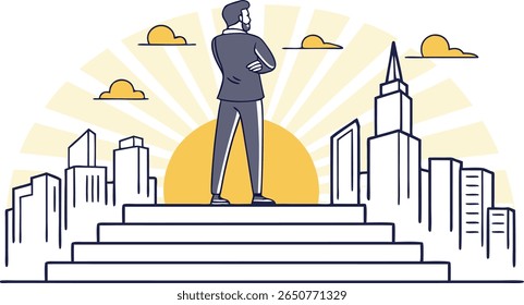 A man in a suit stands with his arms crossed on a set of stairs, looking out over a stylized city skyline with a sunburst and clouds behind him.