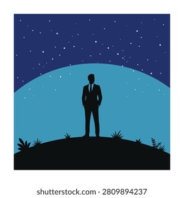 A man in a suit stands on a hill under a starry night sky with a large moon. Businessman looking out at the night.