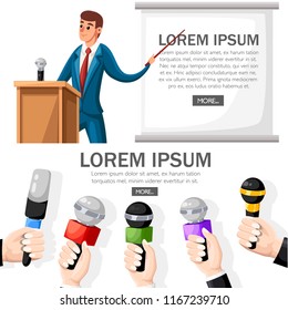 Man in suit stands at wooden tribune with microphone. Making a presentation with speech. Cartoon character design. Flat vector illustration on white background. Web site page and mobile app design.