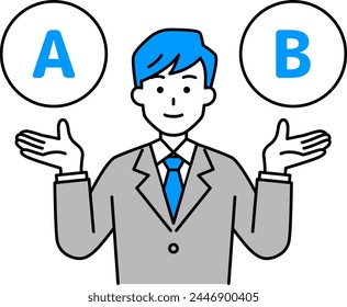 Un hombre de traje sugiriendo dos opciones, A y B.