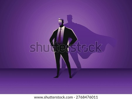Man in suit with superhero cape and shadow. Represents power, inspiration, courage, and career success.