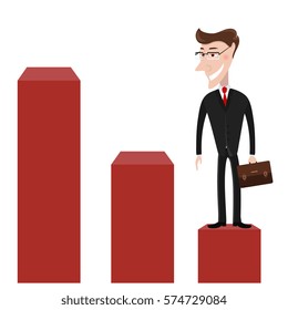 Man in a suit talking on the career ladder. Businessman with bag. The concept of business success, and the idea of a startup. Vector illustration