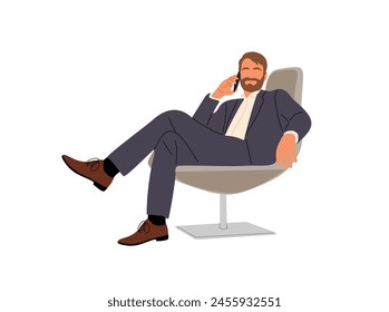 Un hombre en traje habla por su celular mientras está sentado en una silla. Concepto de relajación y ocio, ya que el hombre se está tomando un descanso de su ajetreado día. Ilustración vectorial aislada sobre fondo blanco.