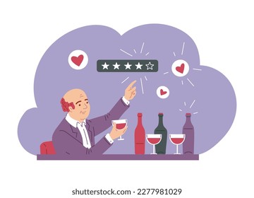 Hombre con traje degustación de vino de estilo plano, ilustración vectorial aislada de fondo blanco. Degustación, calificación y estrellas, profesión crítica de comida, carácter sonriente