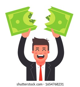 a man in a suit tears a dollar bill. financial crisis. Flat character vector illustration.