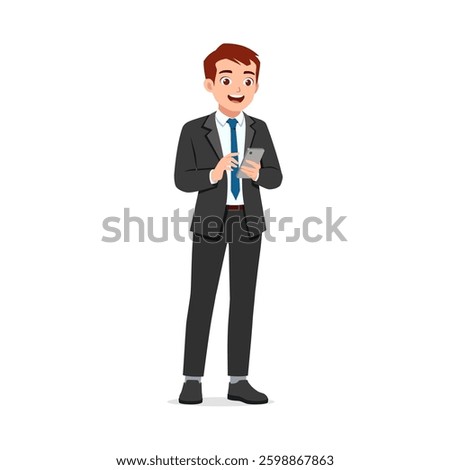 Man in Suit Texting on Smartphone While Smiling and Standing Upright in an Isolated Background