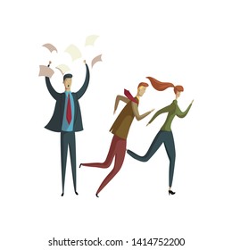 Man in a suit throws paper up. Another man and woman run away. Vector illustration on white background.