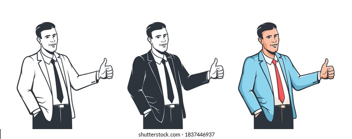 Hombre en el pulgar del traje para el diseño del concepto. Como el gesto de la mano. Caricatura retro. Ilustración vectorial.