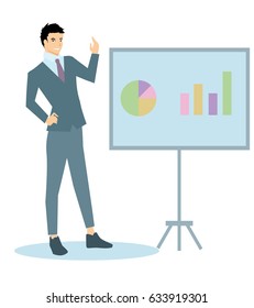 Man in suit and tie  holding presentation
vector flat illustration