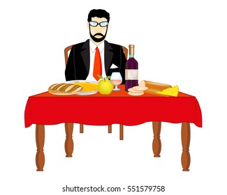Man in suit and tie with meal at the table
