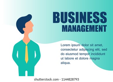 Man in suit with tie on abstract background. Landing home page business management