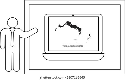 A man in a suit and tie points to a laptop screen displaying a map of Tuvalu and Solomon Islands.