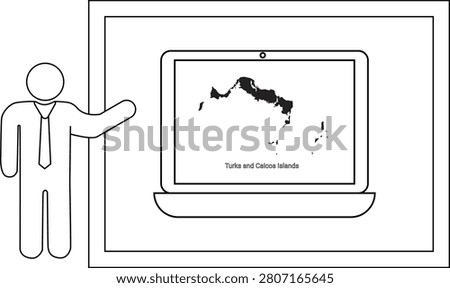 A man in a suit and tie points to a laptop screen displaying a map of Tuvalu and Solomon Islands.