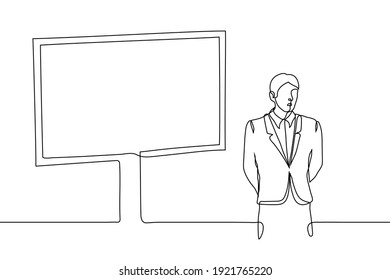 man in a suit and tie stands at a huge screen - one line drawing. manager's report for the presentation of the product, the student defends his thesis project, the speaker speaks to the audience