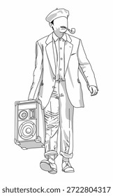 un traje de hombre y corbata con maleta, sombrero y un arte de línea de altavoz