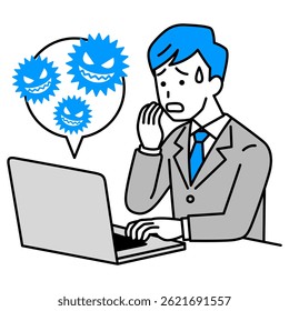 Mann in einem Anzug ist durch eine Computervirusinfektion auf seinem Computer beunruhigt