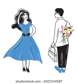 Man in suit tuxedo is standing and hiding bouquet of flowers and gift bag to make a surprise for the girl standing in front of him in beautiful blue dress. Hand drawn vector sketch doodle illustration