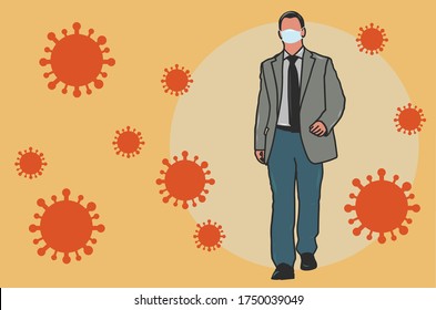 a man in suit using face mask to prevent coronavirus. coronavirus prevention. coronavirus awareness campaign.