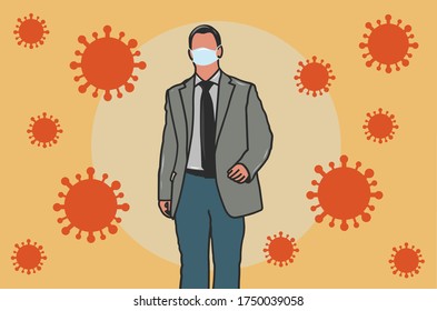 a man in suit using face mask to prevent coronavirus. coronavirus prevention. coronavirus awareness campaign.