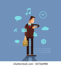 Man in a suit using his smart watch app. Businessman looking on a screen of his smart watch. Businessman with modern smart watch and apps icons. Vector flat illustration