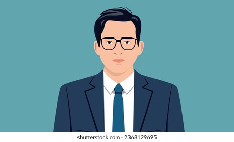 Man in suit vector portrait - Asian businessman face and upper body looking into camera with serious facial expression. Flat design illustration