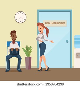 Man in Suit Wait Job Interview at Door in Corridor. Woman Manager Ask Male Employee to Office. Worried Character with Breifcase Sit on Chair at Hallway. Work Search. Cartoon Flat Vector Illustration