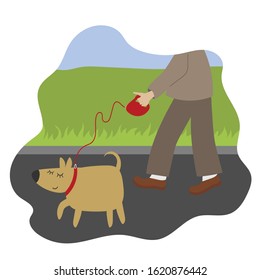 A man in a suit walkers with a dog in the park. Dog on a leash. Flat windy illustration.