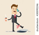Man in suit is walking on road and talking on a cell phone, he does not notice the road works and could fall.  manager or office employee   goes to work with coffee in his hand. Vector, flat
