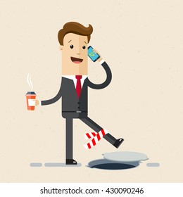 Man in suit is walking on road and talking on a cell phone, he does not notice the road works and could fall.  manager or office employee   goes to work with coffee in his hand. Vector, flat