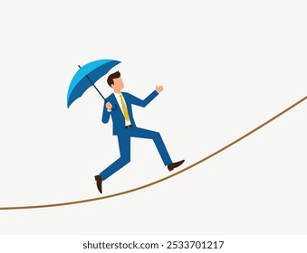 A man in a suit is walking on a rope with an umbrella in his hand. The concept is that the man is taking a risk and is prepared for anything. taking a risk, Dance of Risk, Risk Taker's Journey, Vector