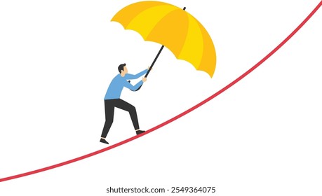 A man in a suit is walking on a rope with an umbrella in his hand. The concept is that the man is taking a risk and is prepared for anything. taking a risk, Dance of Risk, Risk Taker's Journey, Vector