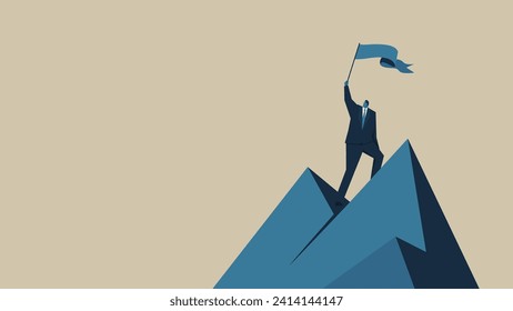 A man in a suit waves a flag on the top of a mountain.