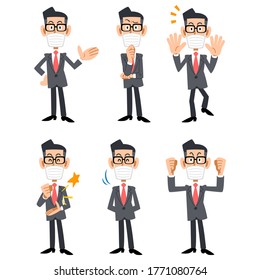 A man in a suit wearing glasses with a mask 6 different facial expressions and poses