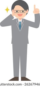 A man in a suit wearing glasses pointing up