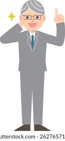 A man in a suit wearing glasses pointing up