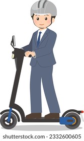 Man in suit wearing helmet and riding electric kickboard
