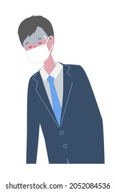 A man in a suit wearing a mask who is sick