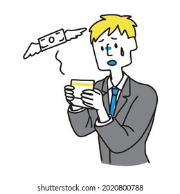 A man in a suit who is disappointed when he sees his passbook