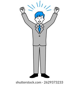 Homem de terno que é feliz com ambas as mãos levantadas (corpo inteiro)