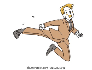 A man in a suit who jumps and kicks, a fighting businessman, a comical handwritten person