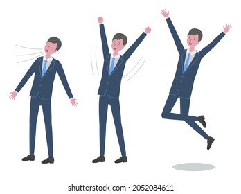 A Man In A Suit Who Takes A Deep Breath, Stretches, And Jumps