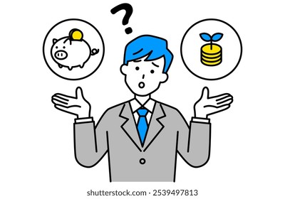 Man in a suit wondering whether to save or invest