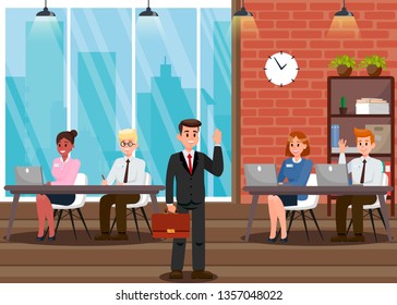Man in Suit at Work Cartoon Vector Illustration. Office Workers at Workplace. Modern Office Interior. Busy Colleagues Working at Computers. Brick Wall. Employers Waving Hi. Cityscape View from Window