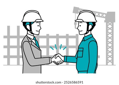 Man in a suit and a worker shaking hands with a construction site in the background