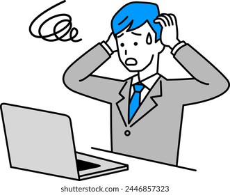 A man in a suit working on a laptop looking very troubled