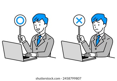 A man in a suit working on a laptop raising ○× marks